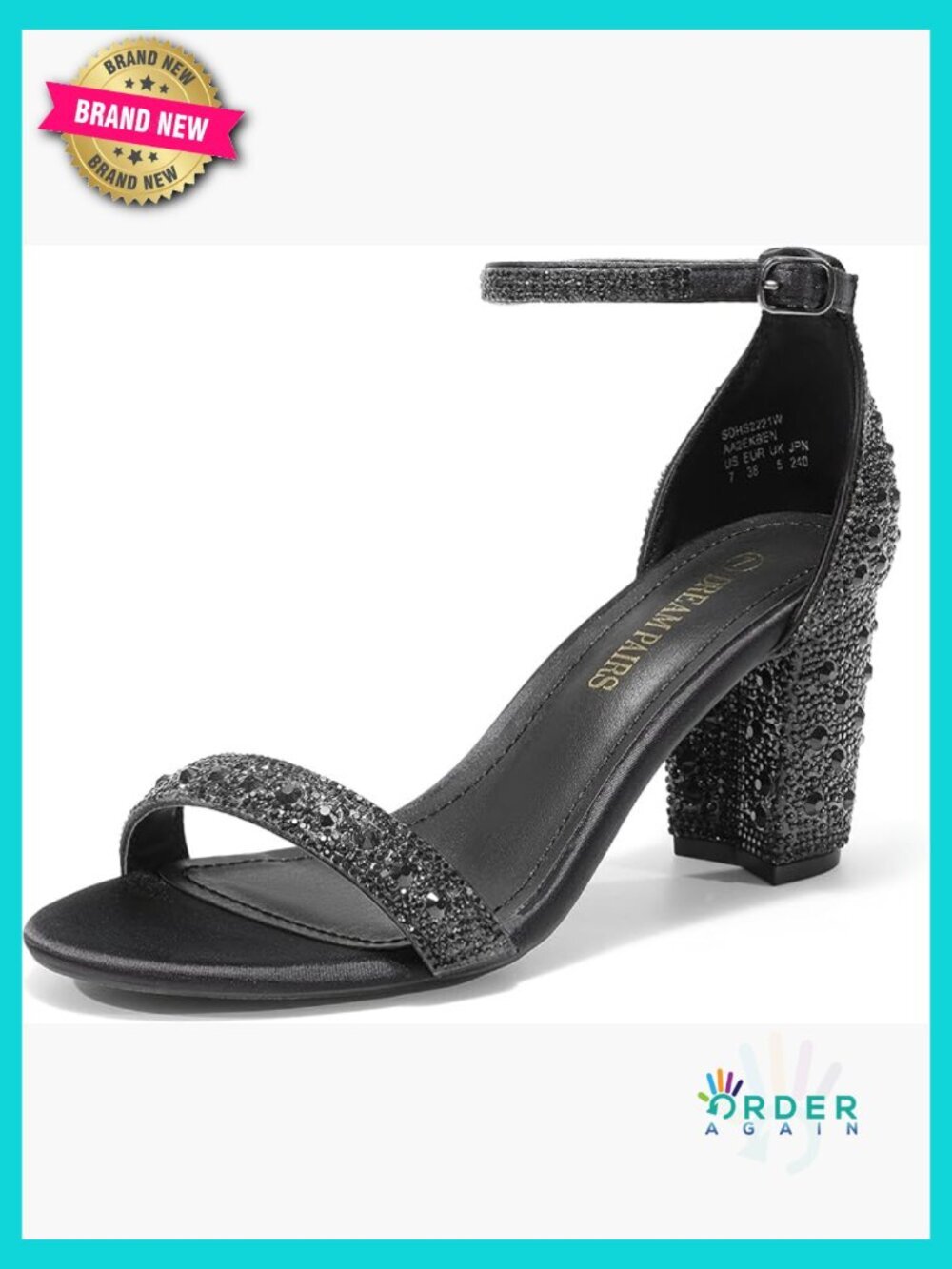 Chunky Low Heel Pump Sandals Adjustable Buckle Rhinestone Evening Party